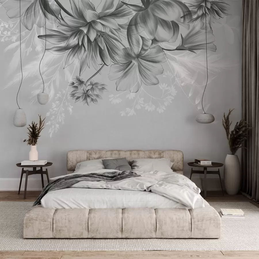Carta da parati Floreale Fiori e felci testurizzati nei toni del grigio scuro e bianco su uno sfondo grigio tenue in stile disegno n. w09644v1