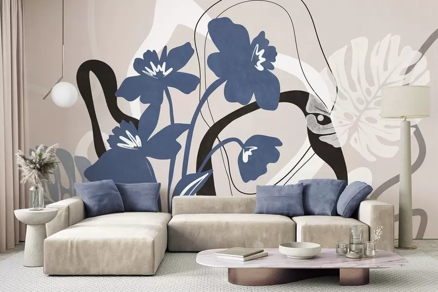 Carta da parati Floreale Fiori blu astratti con texture e forme bianche e nere su sfondo beige chiaro, arte minimalista n. w09645