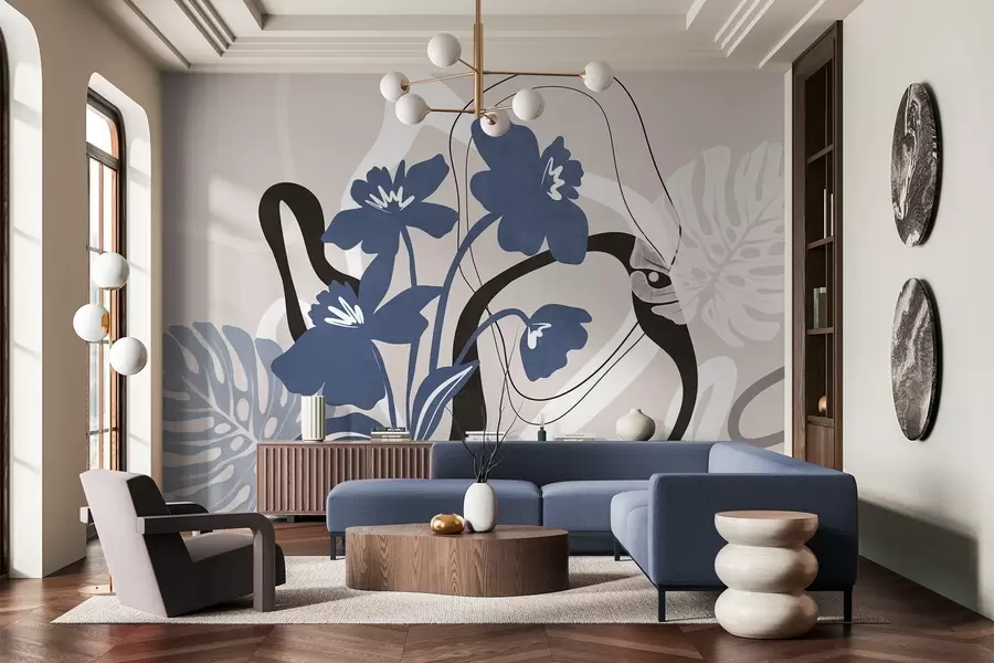 Carta da parati Floreale Fiori blu astratti con texture e forme bianche e nere su sfondo beige chiaro, arte minimalista n. w09645