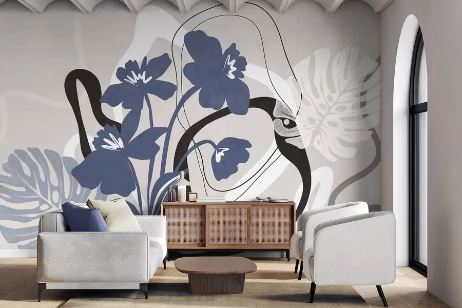 Carta da parati Floreale Fiori blu astratti con texture e forme bianche e nere su sfondo beige chiaro, arte minimalista n. w09645