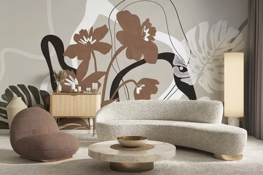 Carta da parati Floreale Fiori marroni astratti con texture e forme bianche e nere su sfondo beige, arte minimalista n. w09645v1