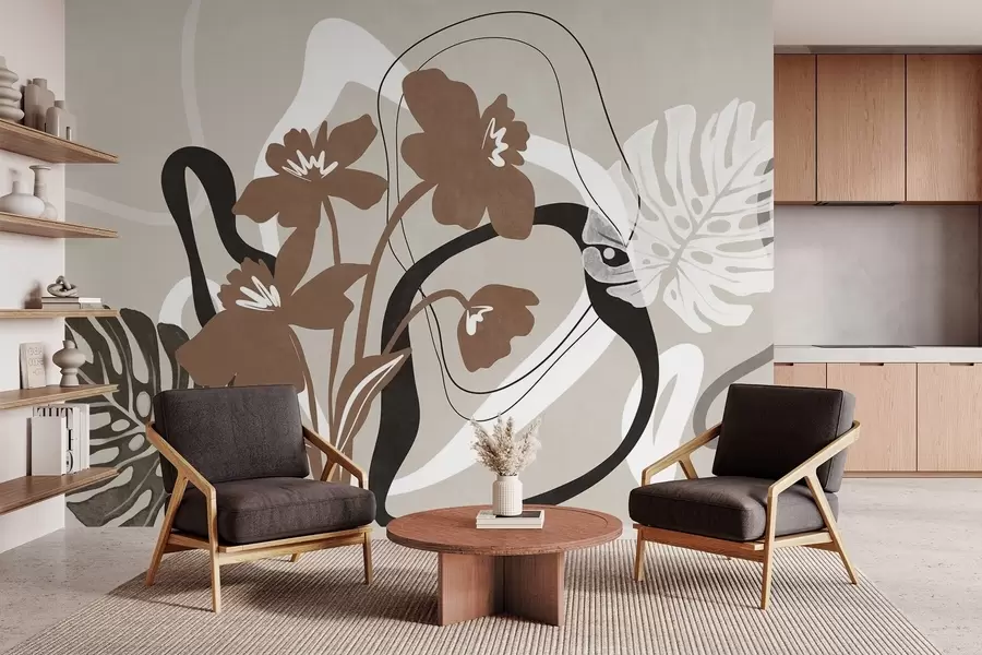 Carta da parati Floreale Fiori marroni astratti con texture e forme bianche e nere su sfondo beige, arte minimalista n. w09645v1
