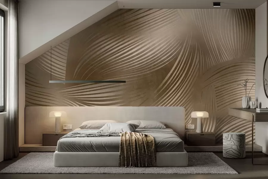 carta da parati Stampa astratta di linee fluide e curve nei toni del marrone scuro che creano un effetto materico e moderno. nr. w09646