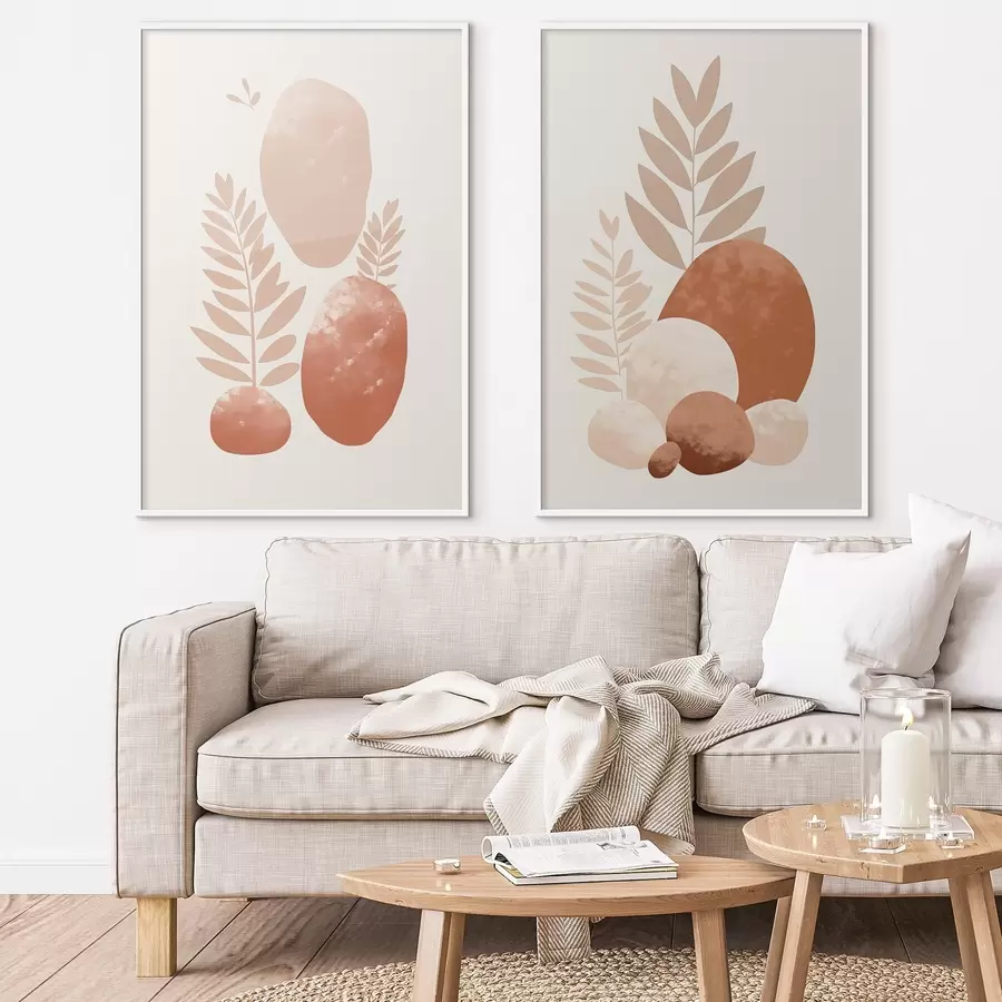 carta da parati Forme astratte, pietre e foglie con texture in tonalità tenui di pesca e terracotta, minimaliste, su sfondo color crema. nr. d01114