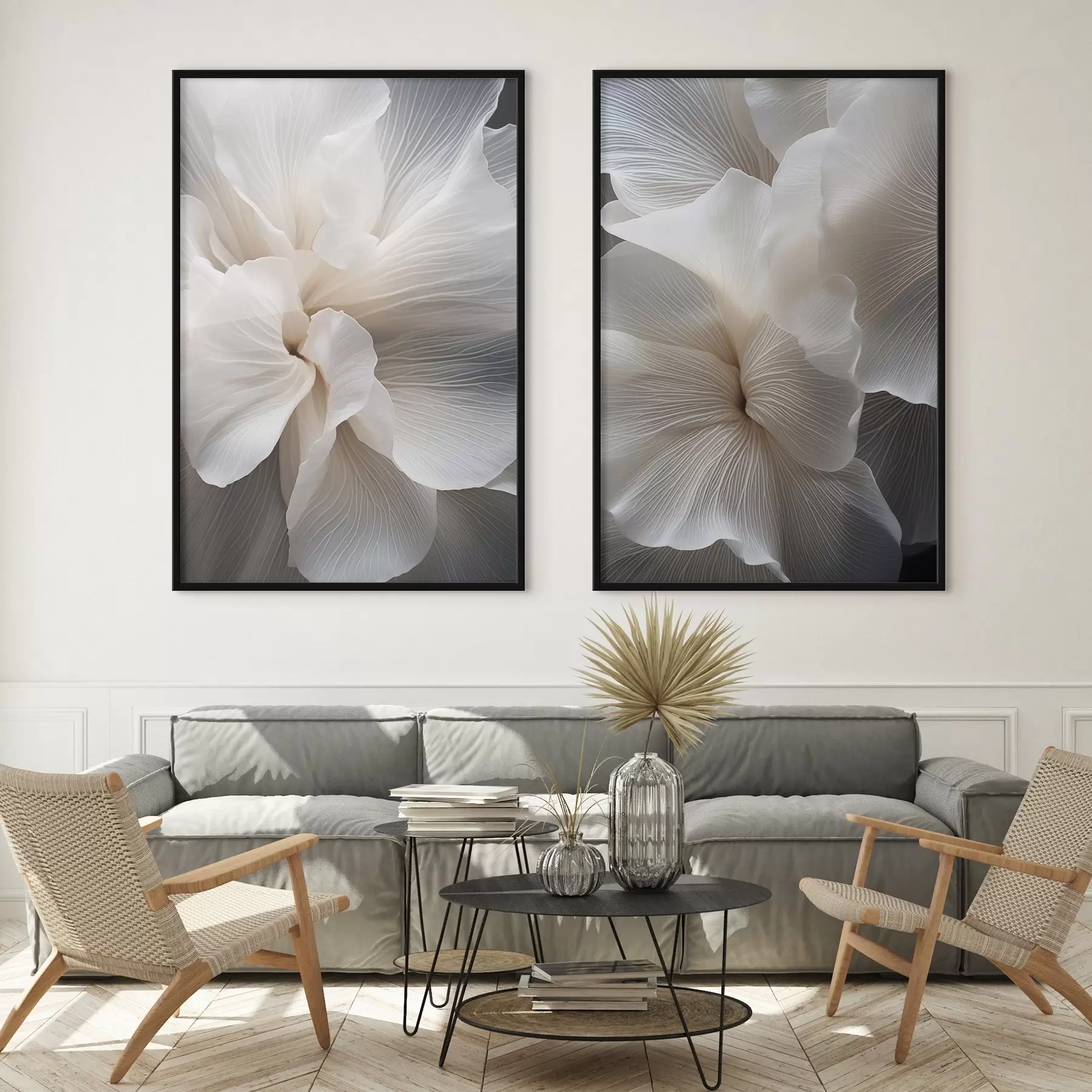 carta da parati Primo piano di delicati petali floreali bianchi astratti con linee intricate e uno sfondo scuro sfocato nr. d01117