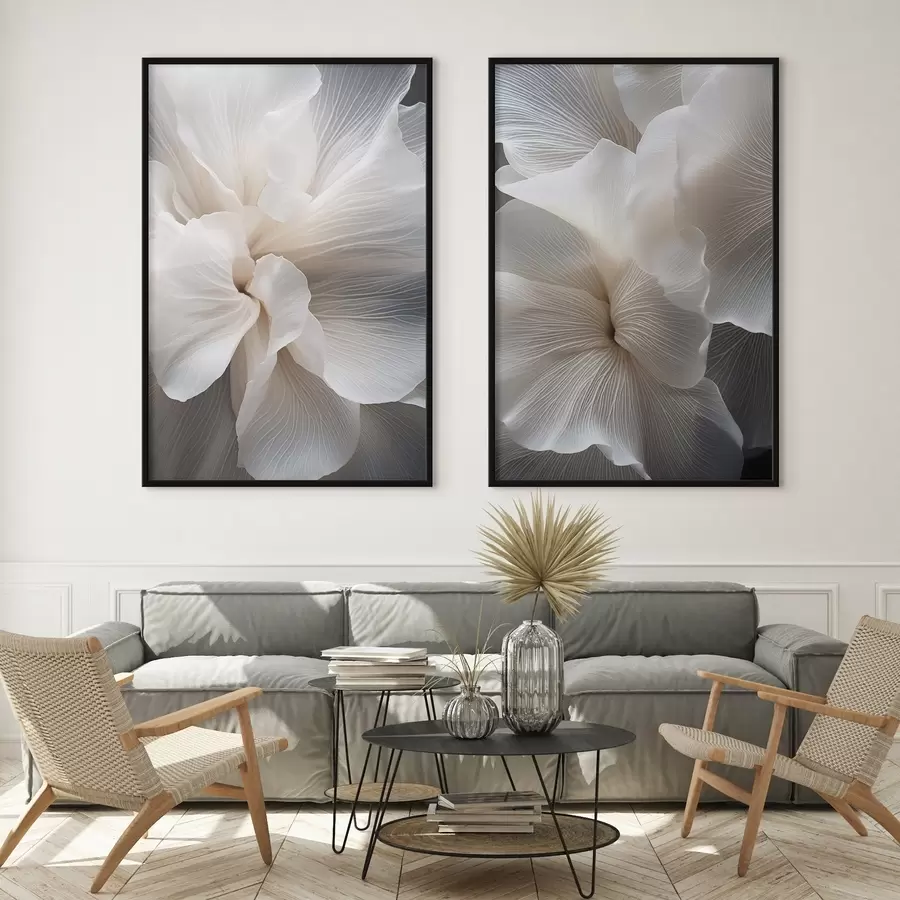 carta da parati Primo piano di delicati petali floreali bianchi astratti con linee intricate e uno sfondo scuro sfocato nr. d01117