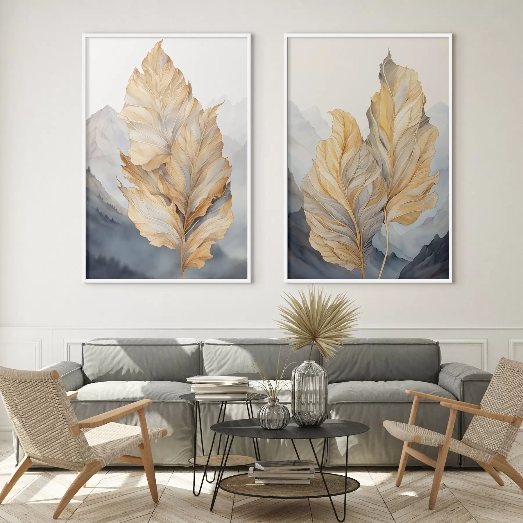 carta da parati Foglie astratte grandi, gialle e marroni con dettagli intricati, sullo sfondo di un paesaggio montano nr. d01119