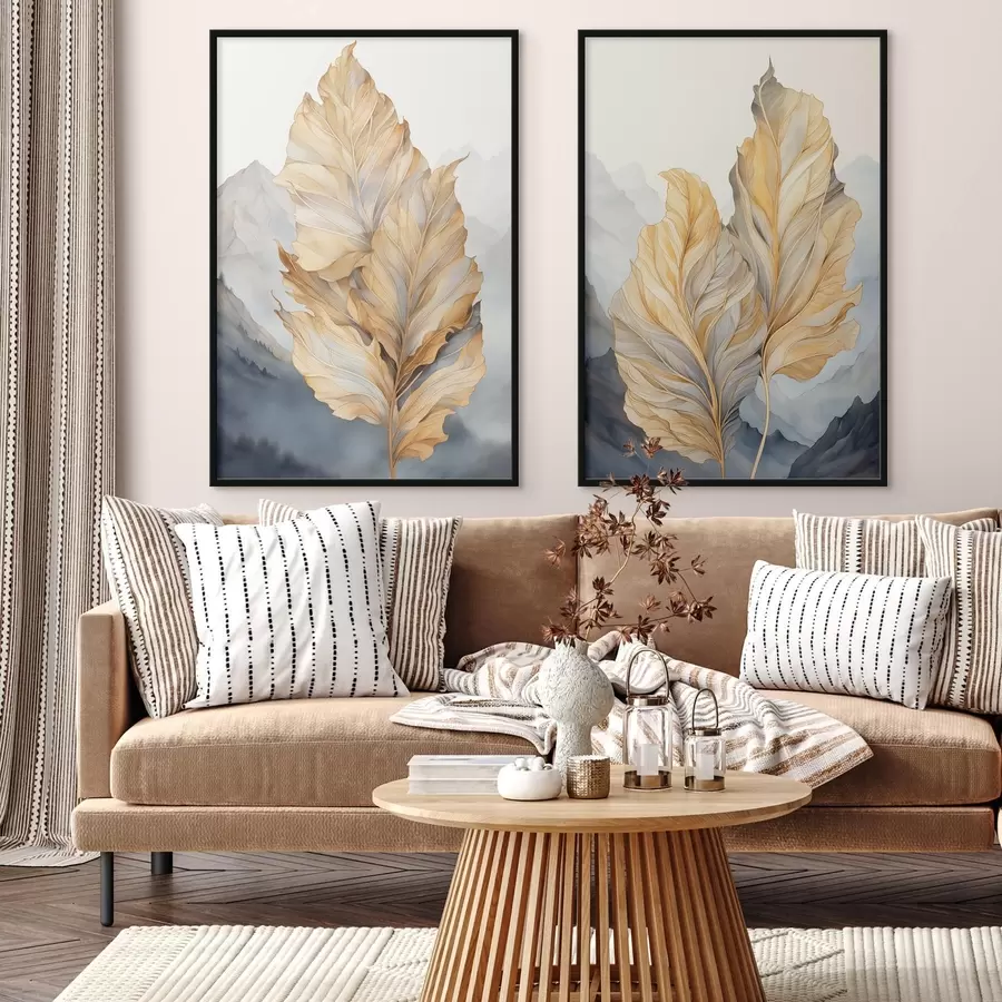 carta da parati Foglie astratte grandi, gialle e marroni con dettagli intricati, sullo sfondo di un paesaggio montano nr. d01119