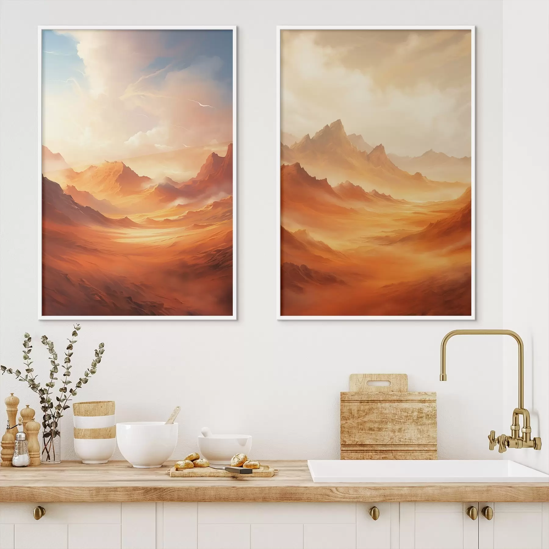 carta da parati Un vasto paesaggio desertico arancione con imponenti montagne rocciose sotto un cielo nebbioso e soleggiato con nuvole sottili. nr. d01122