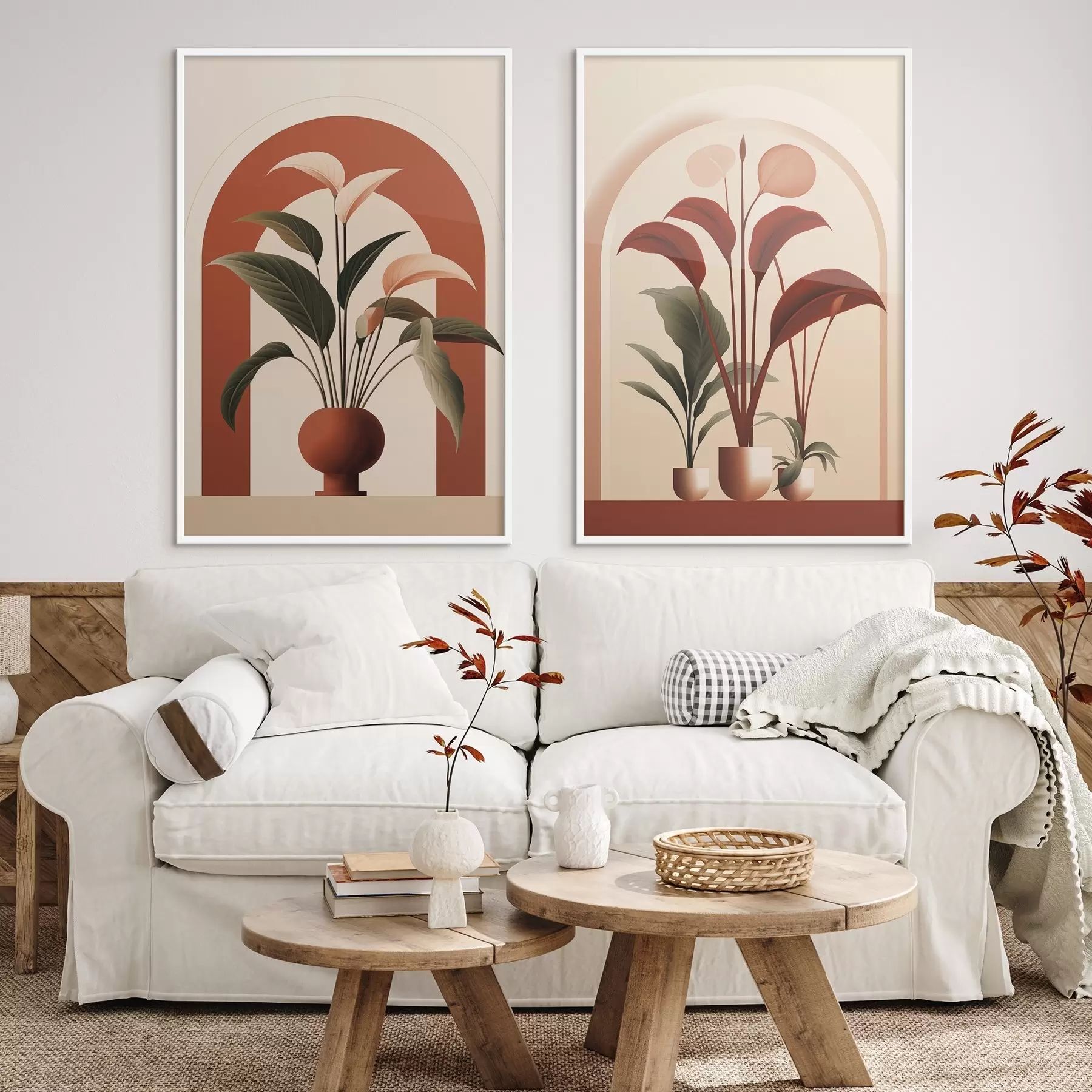 carta da parati Piante in vaso astratte con grandi foglie verdi e rosse davanti a un arco color crema nr. d01124