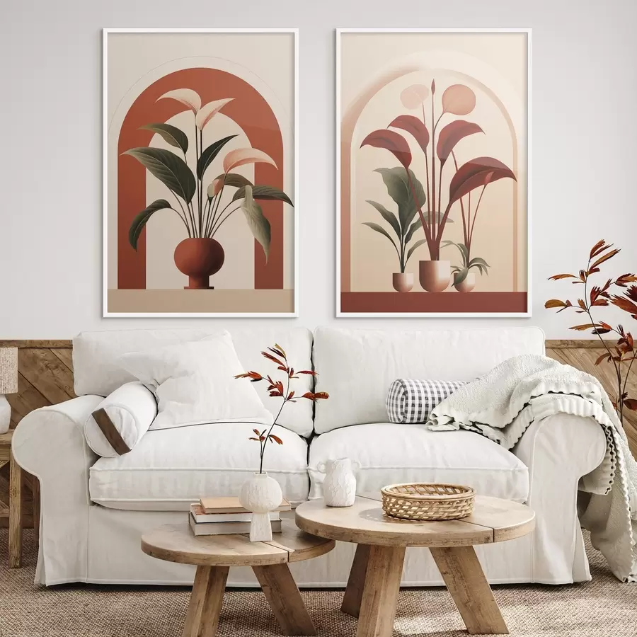 carta da parati Piante in vaso astratte con grandi foglie verdi e rosse davanti a un arco color crema nr. d01124