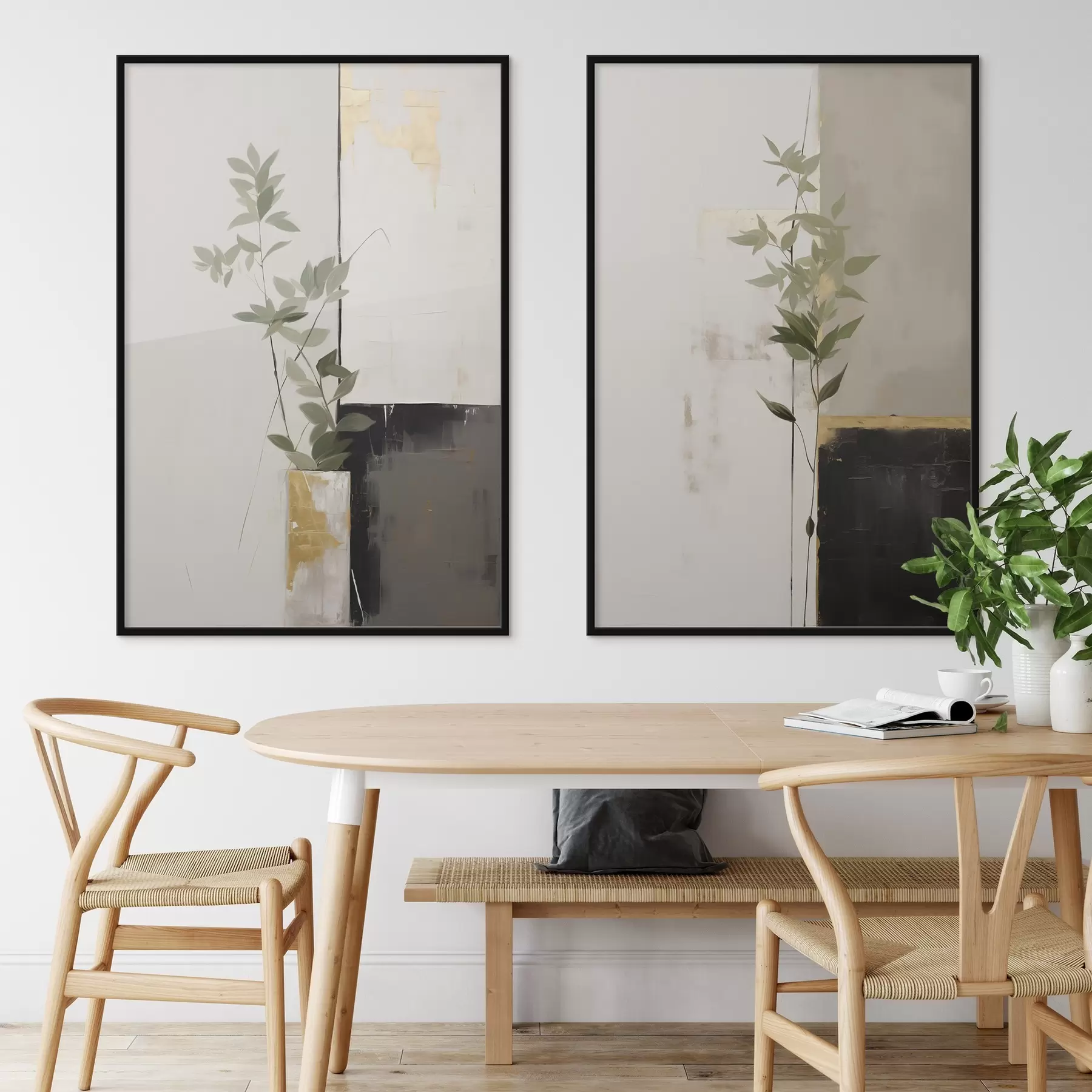 carta da parati Un dipinto minimalista e materico raffigurante un vaso con foglie verdi su uno sfondo di forme geometriche astratte. nr. d01126