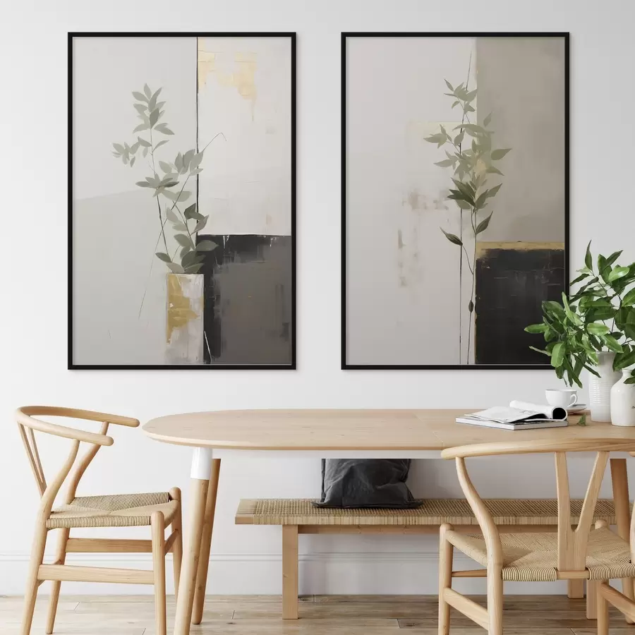 carta da parati Un dipinto minimalista e materico raffigurante un vaso con foglie verdi su uno sfondo di forme geometriche astratte. nr. d01126