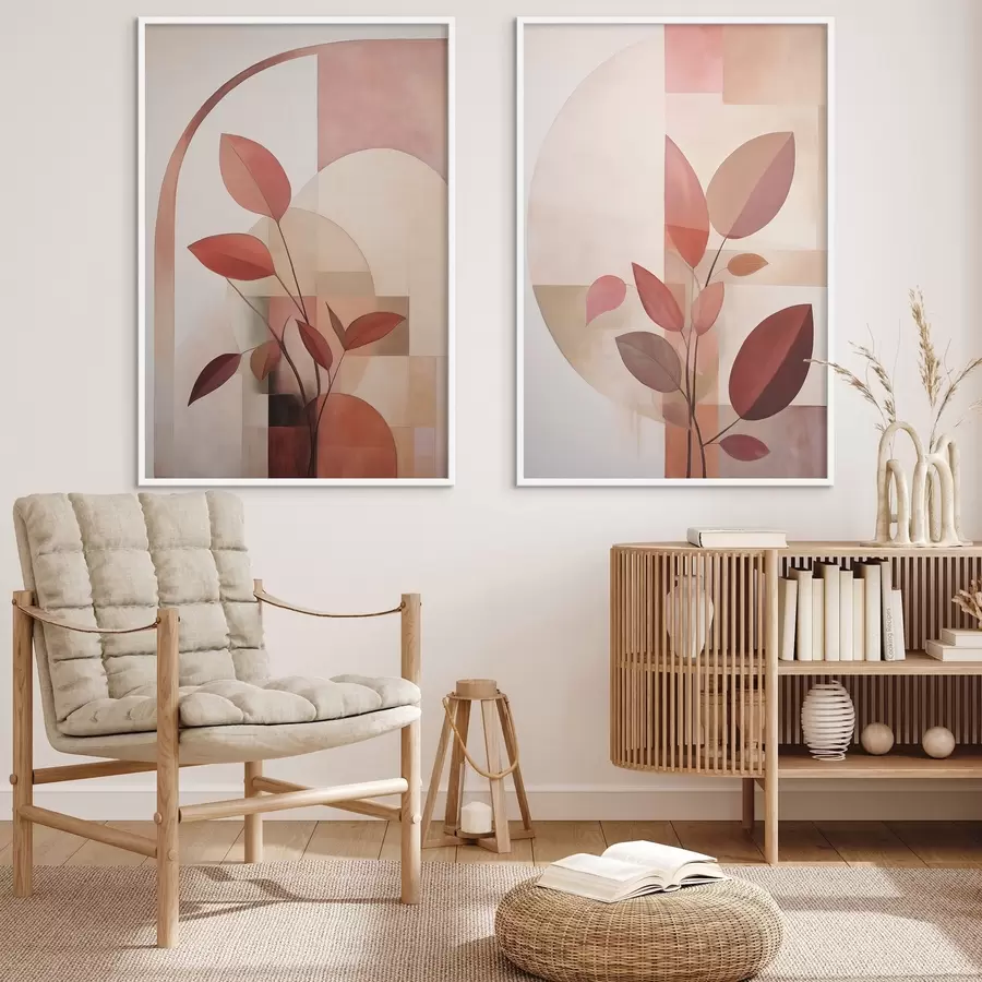 carta da parati Pianta astratta con foglie rosse su uno sfondo di forme geometriche e colori tenui e delicati nr. d01128