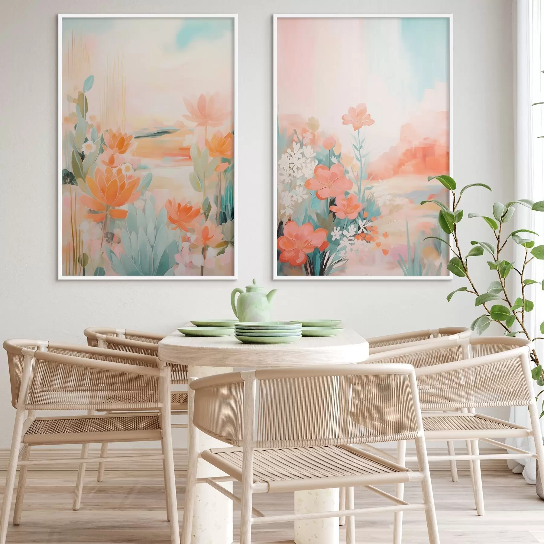 carta da parati Motivi floreali in tonalità pastello sullo sfondo di una valle leggermente nebbiosa nr. d01085