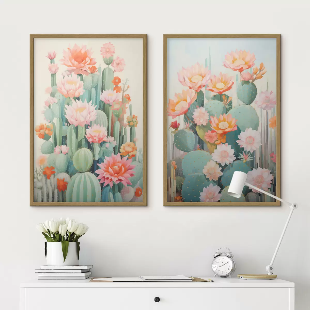 Poster Cactus con grandi fiori, colori pastello e un senso di calma d01086