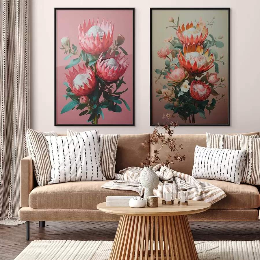 carta da parati Proteas in due atmosfere: sfondo rosa intenso e una calda sfumatura oliva nr. d01092