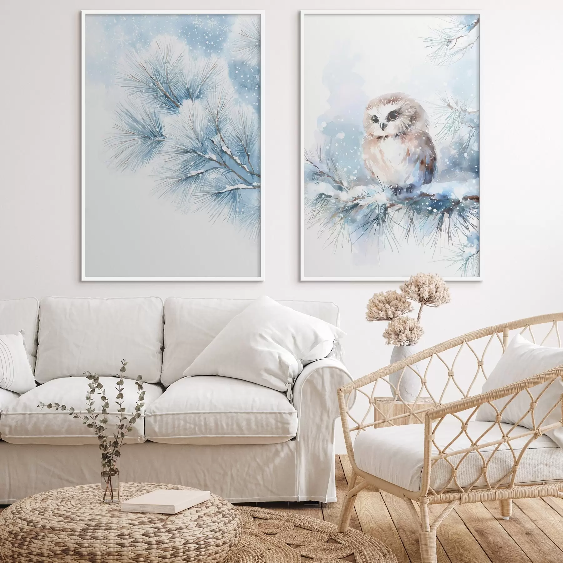carta da parati simpatico gufo su un ramo di pino innevato in stile acquerello nr. d01168