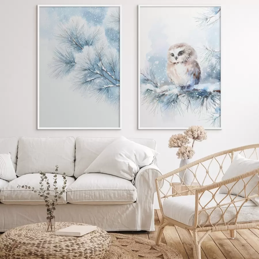 carta da parati simpatico gufo su un ramo di pino innevato in stile acquerello nr. d01168
