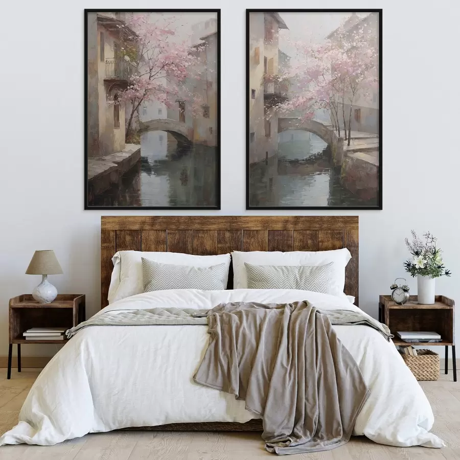 carta da parati romantico paesaggio urbano con un albero in fiore nello stile della pittura a olio nr. d01173