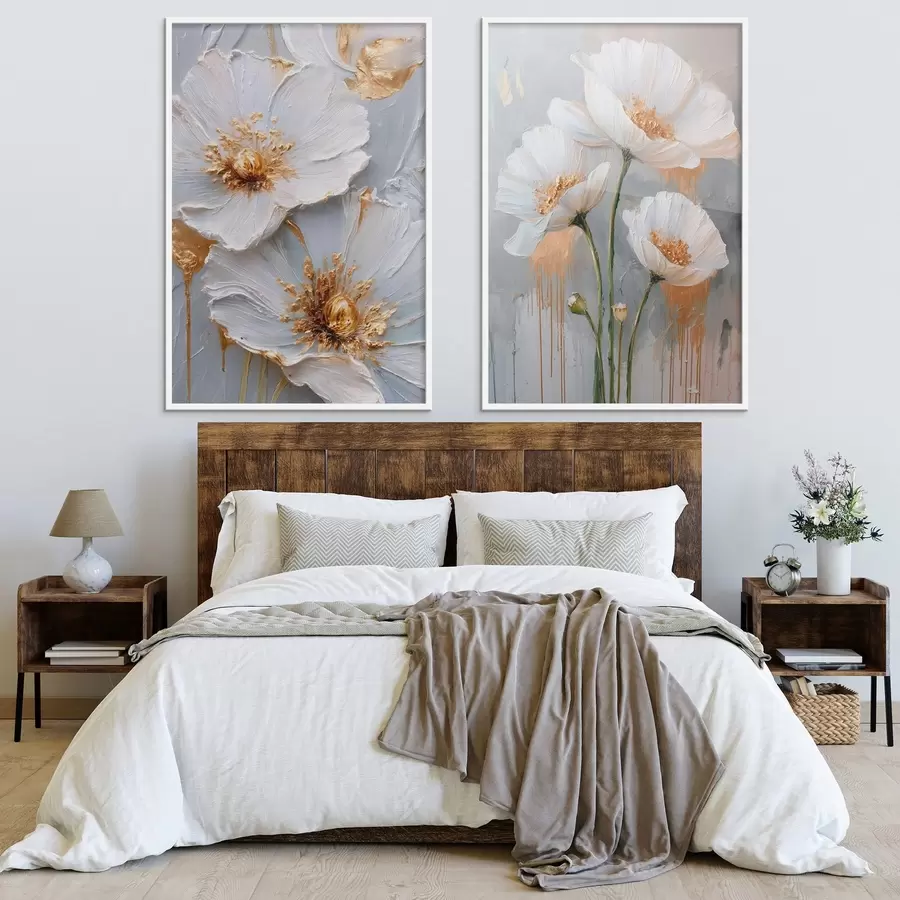 carta da parati Quadro volumetrico di fiori bianchi con accenti dorati su sfondo grigio nr. d00568