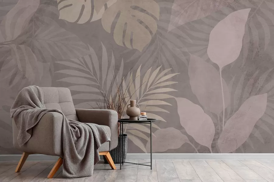 carta da parati foglie tropicali testurizzate su sfondo grigio nr. w05063v1