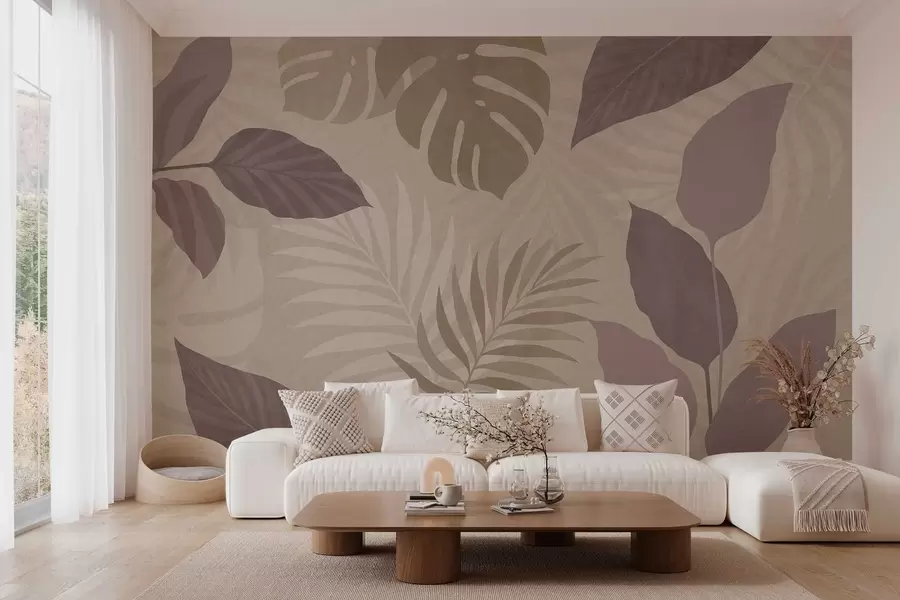 carta da parati foglie tropicali testurizzate su sfondo sabbioso nr. w05063