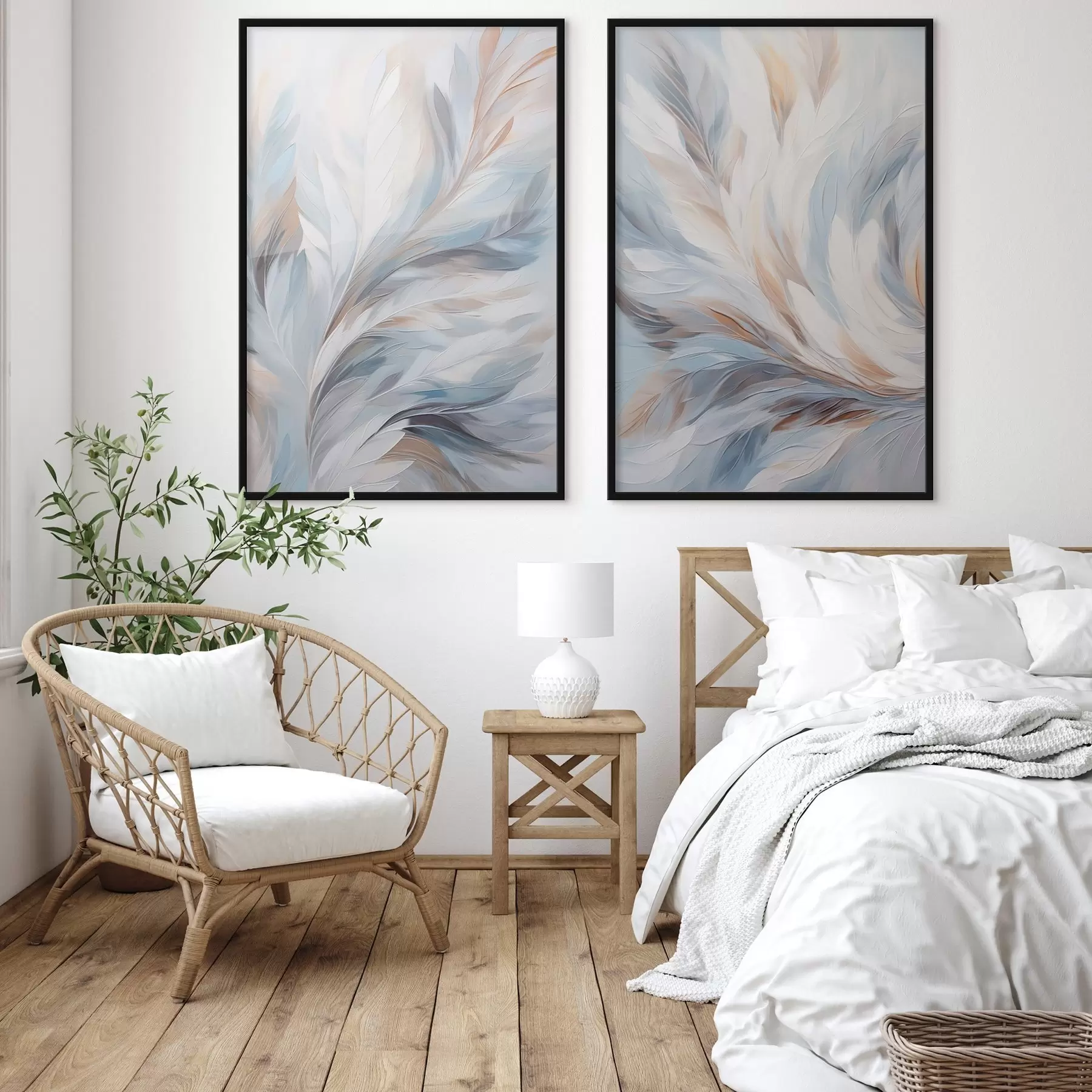 carta da parati Dipinto astratto di piume nei toni del bianco, blu e marrone, con una texture morbida e fluida e uno sfondo chiaro. nr. d01234