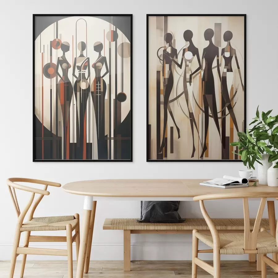 carta da parati Figure femminili stilizzate con elementi geometrici su uno sfondo astratto di linee verticali e cerchi nr. d01237