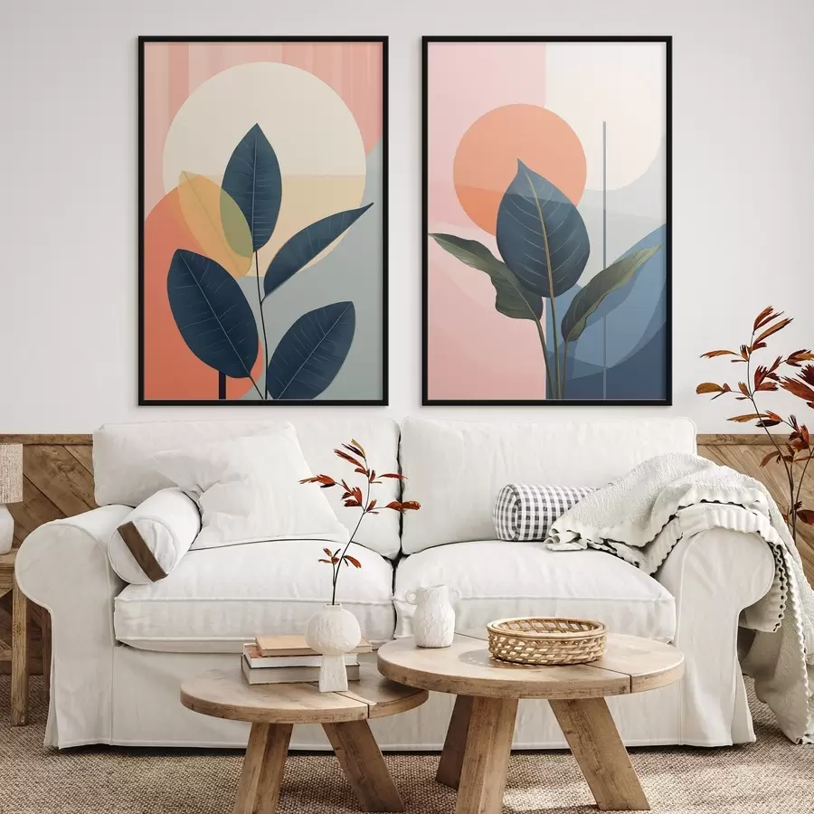 carta da parati Foglie scure su uno sfondo di forme astratte color pesca e grigio con un grande cerchio giallo pallido nr. d01238