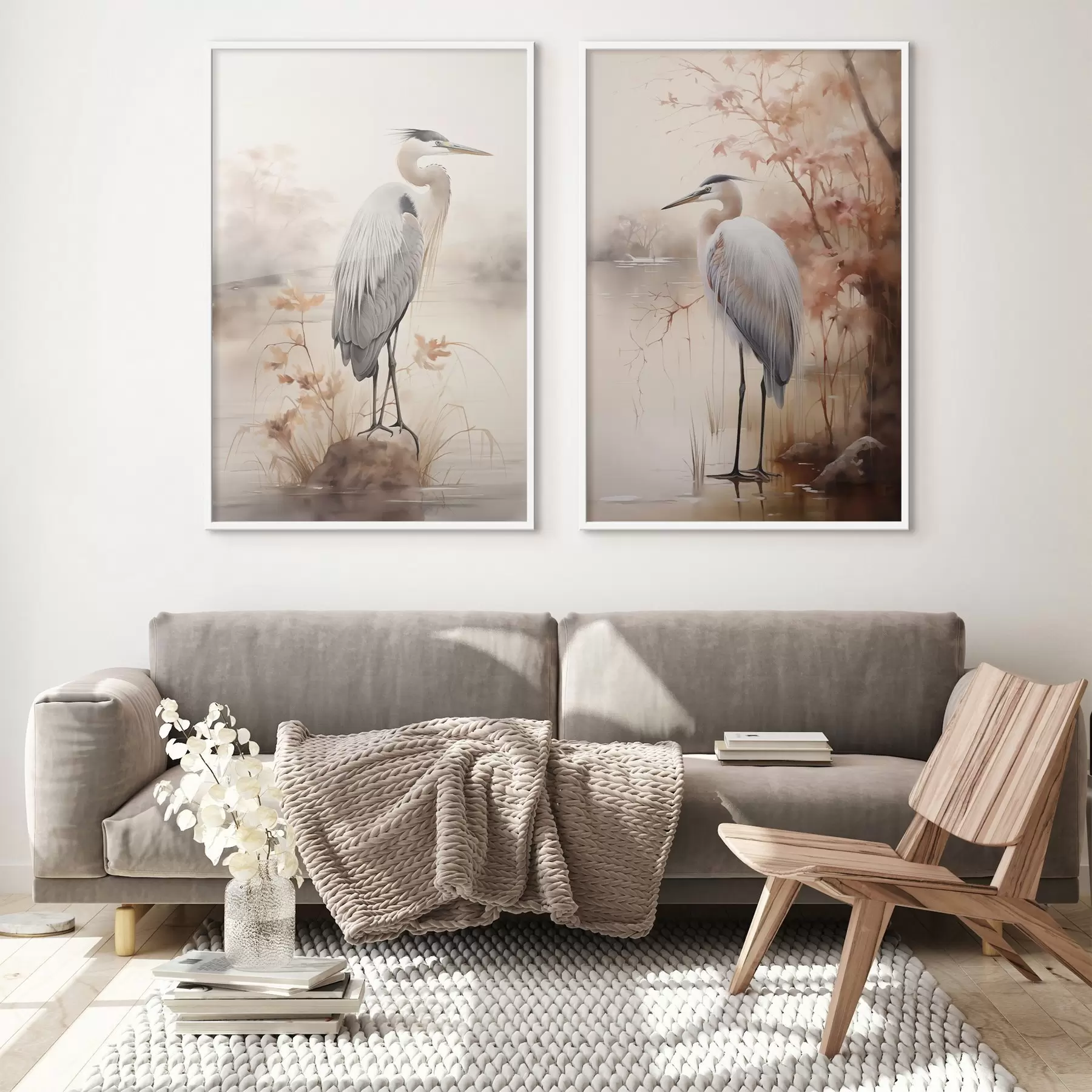 carta da parati Un airone è in piedi su una roccia in un lago con erba alta e alberi sullo sfondo. nr. d01239