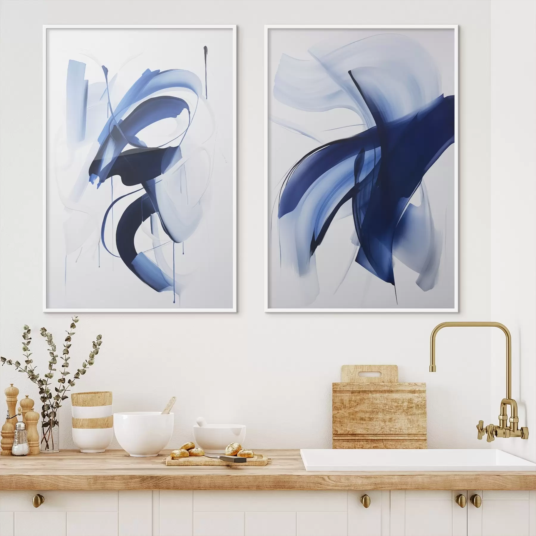 carta da parati Forme astratte blu simili a pennellate con linee fluide e curve su sfondo bianco, arte moderna nr. d01240