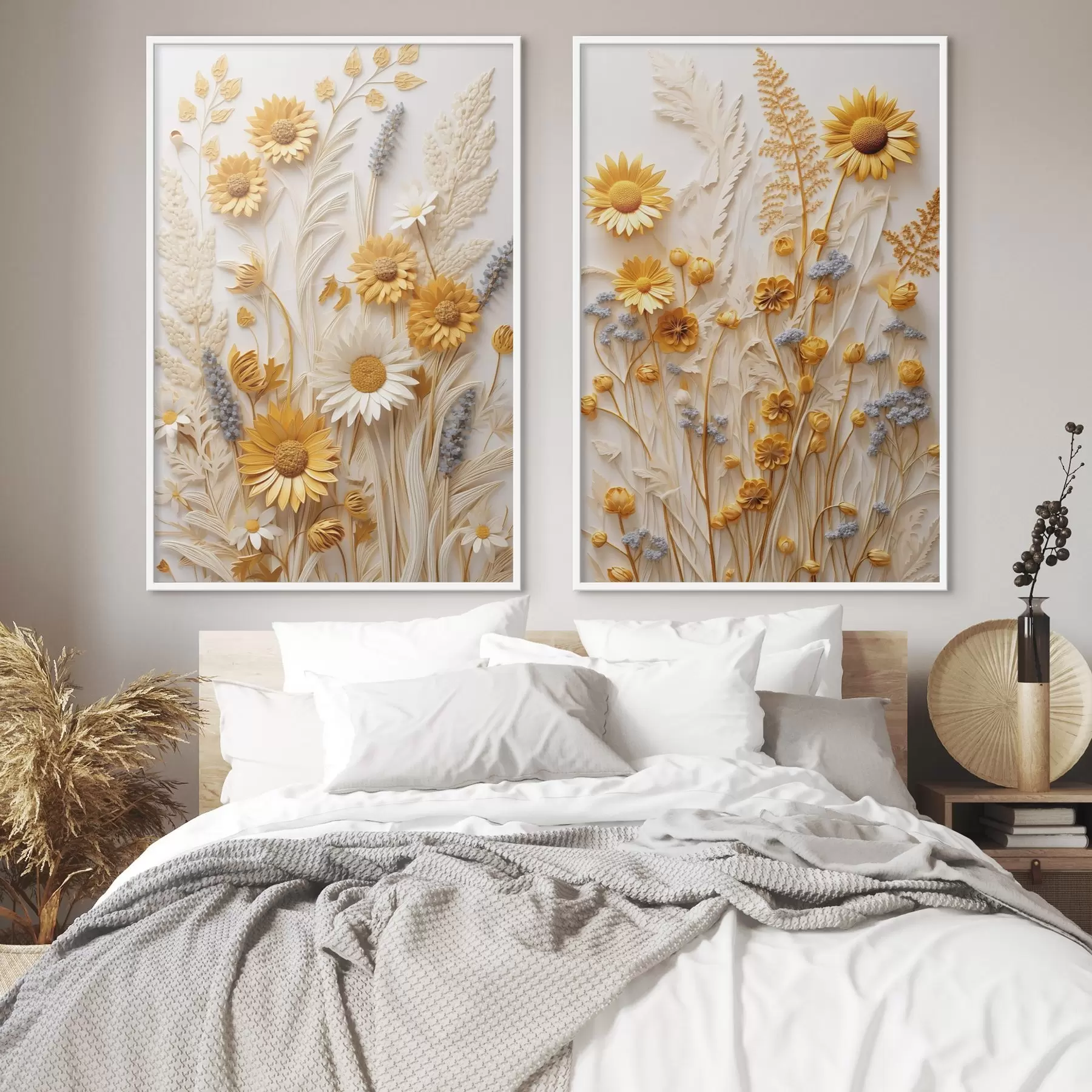 carta da parati Una collezione materica di margherite gialle e bianche con erbe secche e rametti di lavanda su sfondo bianco nr. d01241