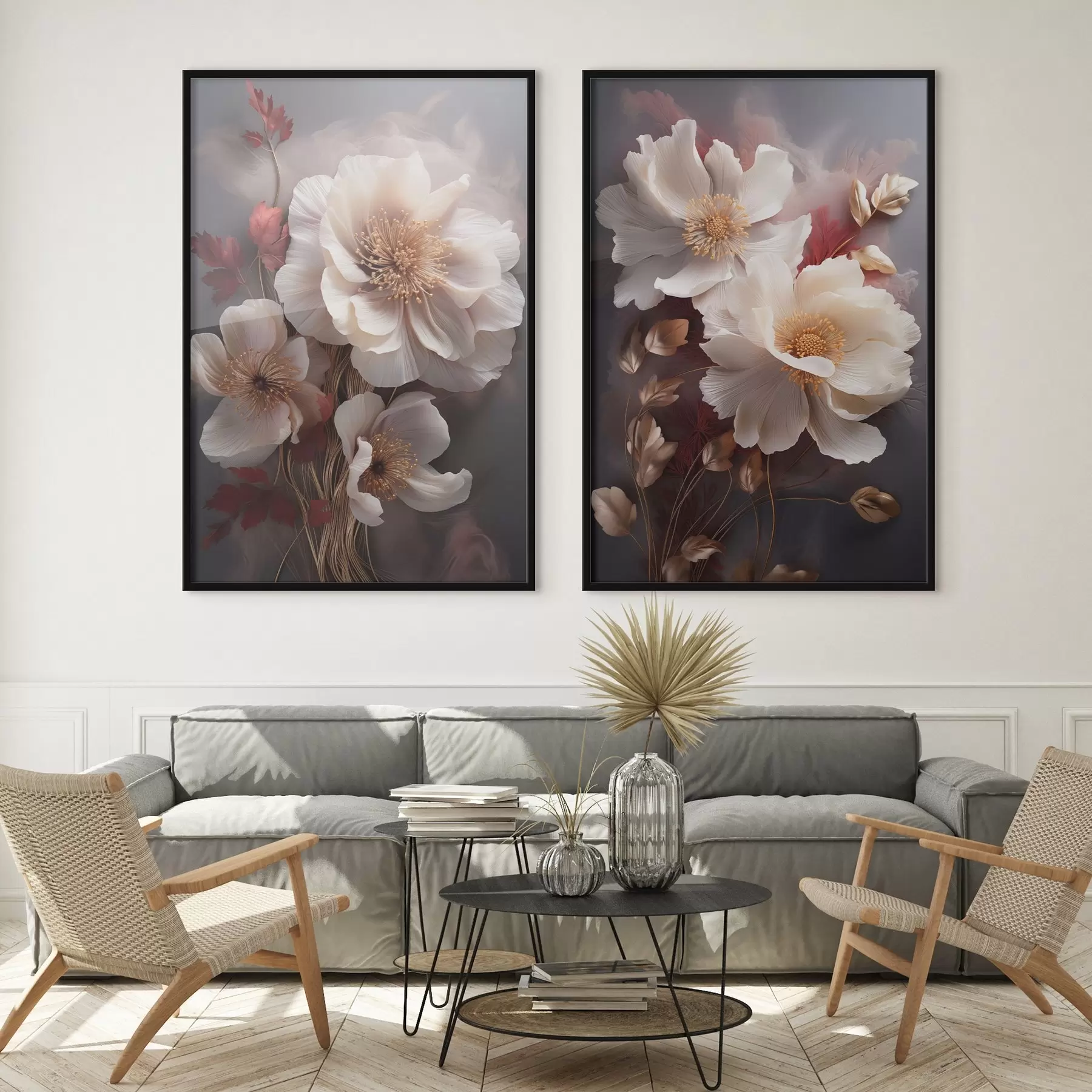 carta da parati Delicate peonie con petali sottili e vaporosi, circondate da foglie rosso scuro e gialle su uno sfondo astratto. nr. d01243