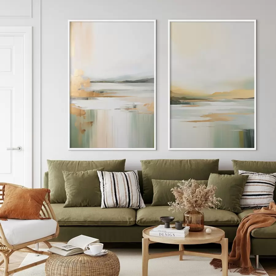 carta da parati Paesaggio astratto con tonalità gialle e verdi, acqua che riflette il cielo e le montagne lontane, cielo pallido e nebbioso nr. d01245