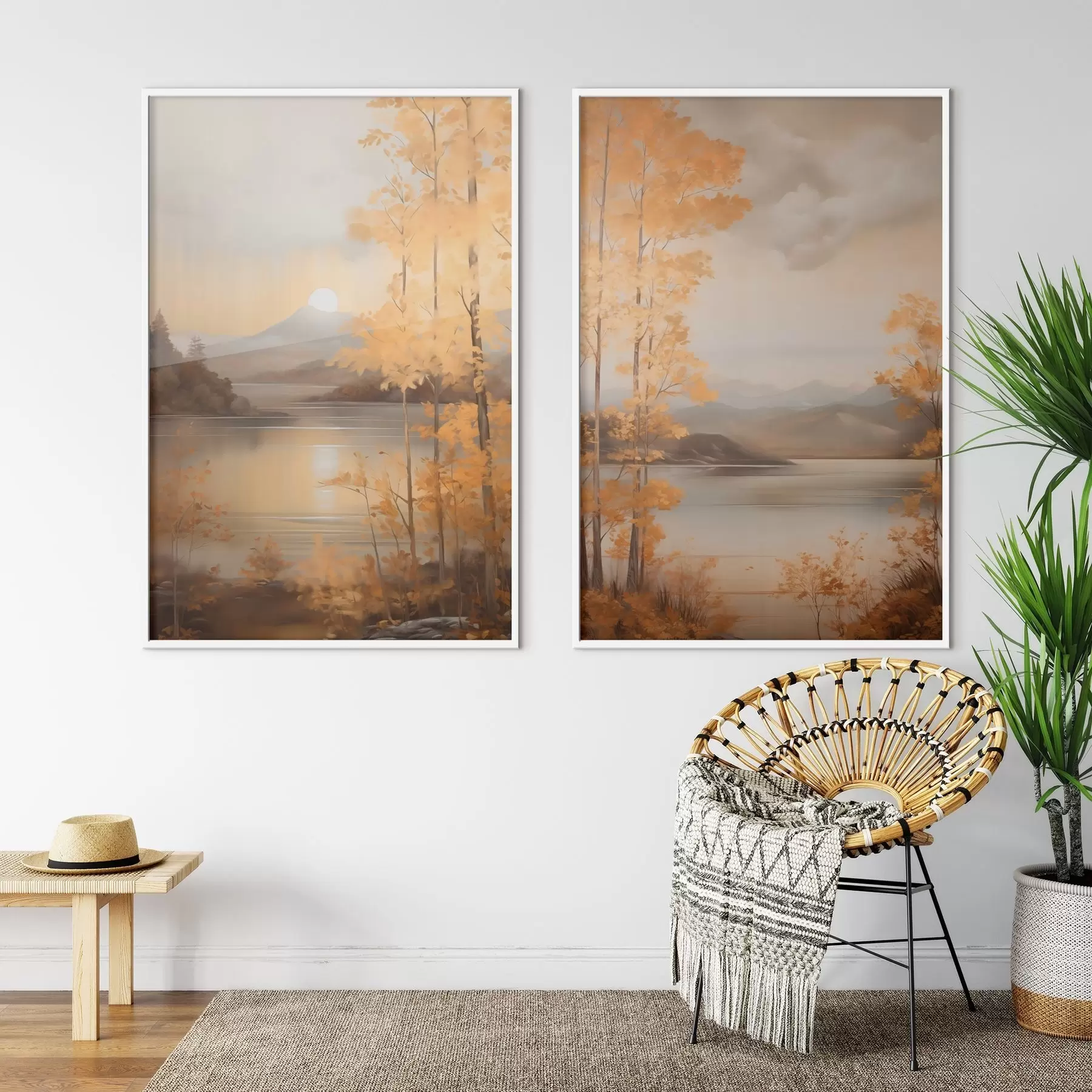 carta da parati Alberi autunnali dalle foglie arancioni incorniciano un lago tranquillo con montagne lontane sotto un cielo nuvoloso. nr. d01246