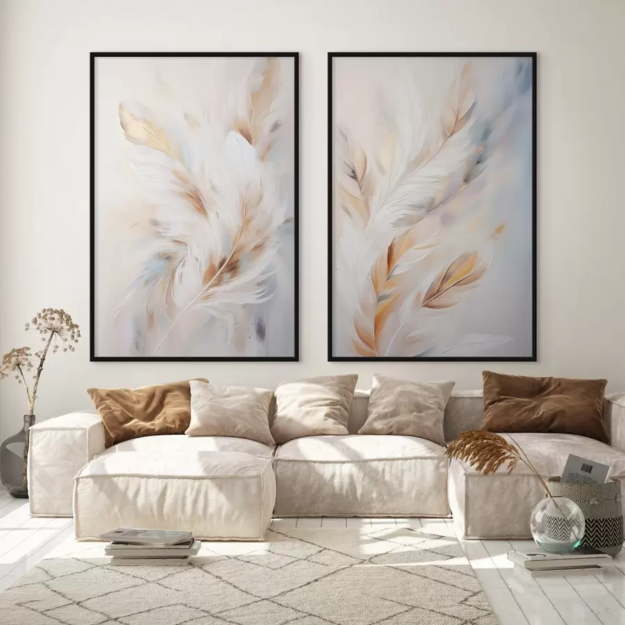 carta da parati Piume grandi e morbide con una miscela di tonalità bianche, gialle e marroni, su uno sfondo chiaro e astratto. nr. d01247