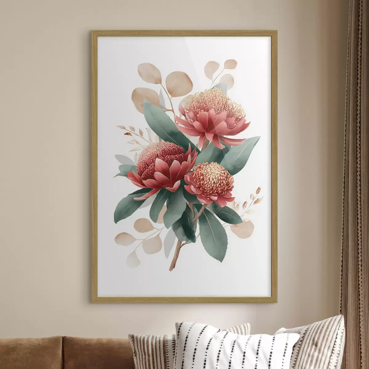 Poster Bouquet espressivo di protee e fogliame decorativo in stile illustrazione artistica moderna f46954