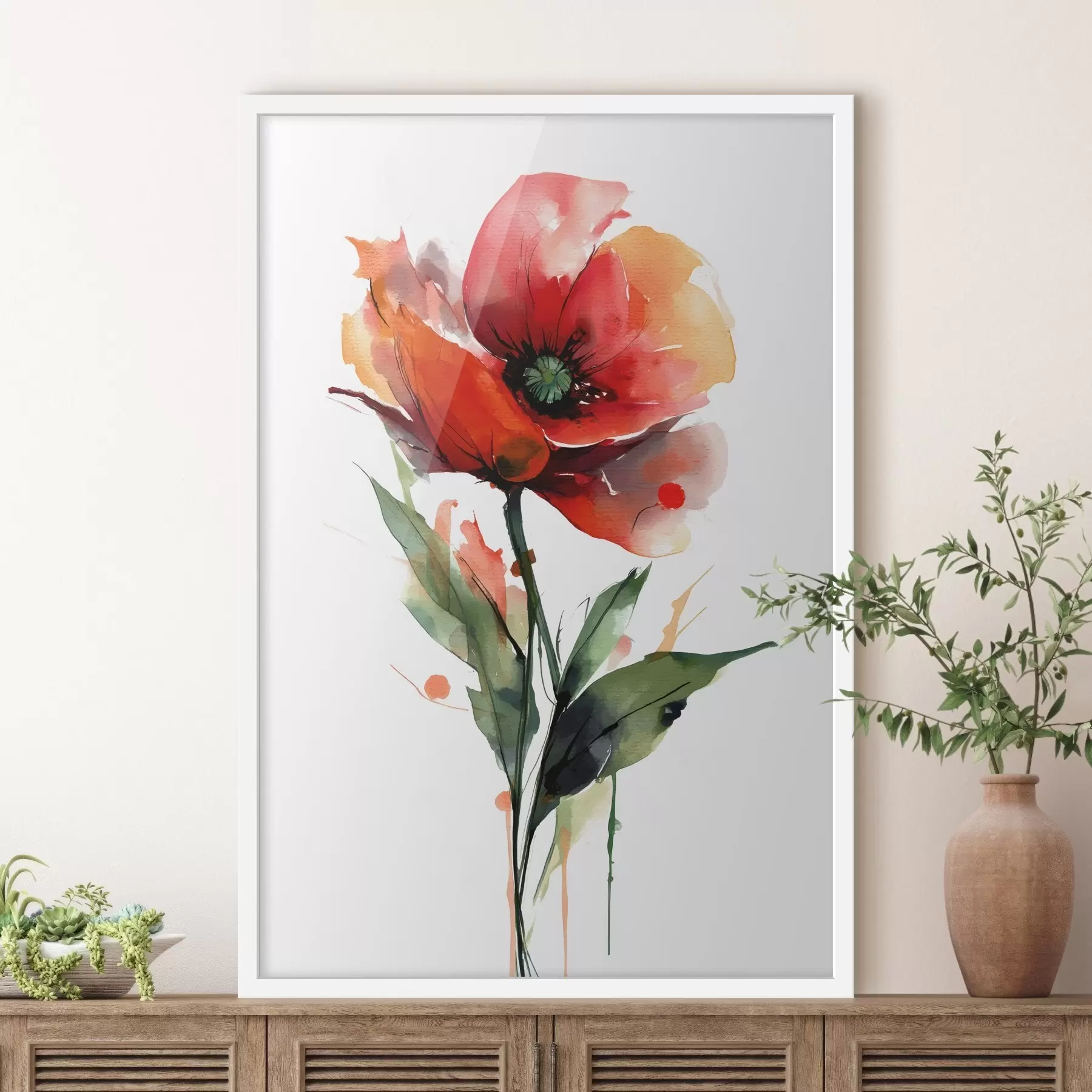 carta da parati Fiore di papavero con espressive gocce di acquerello in stile illustrazione d'arte moderna nr. f47086
