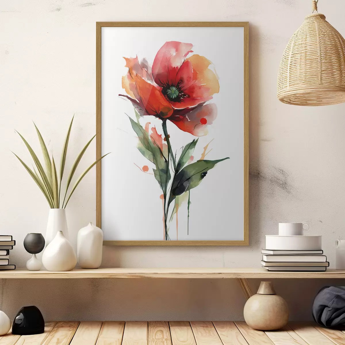 Poster Fiore di papavero con espressive gocce di acquerello in stile illustrazione d'arte moderna f47086