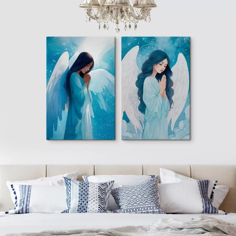 carta da parati Arte sacra moderna in stile acquerello con l'immagine di un angelo custode in abiti blu nr. m01153