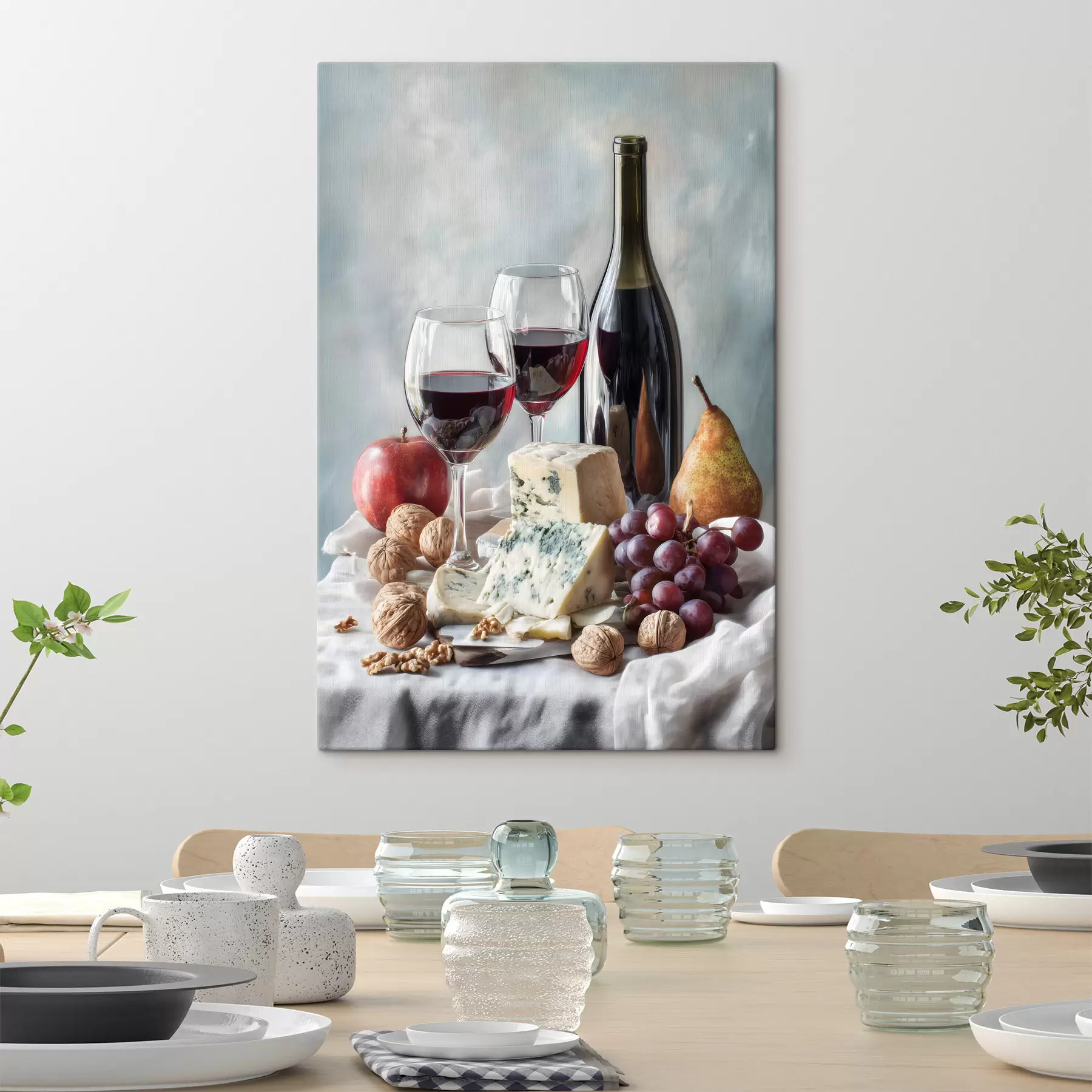 carta da parati natura morta con vino, formaggio e noci nr. s47686