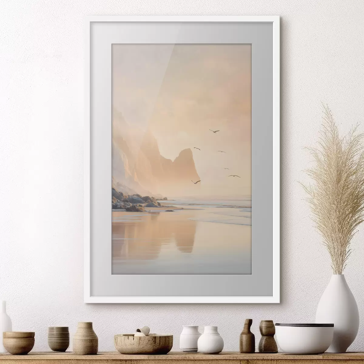 Poster alba sull'oceano sullo sfondo delle montagne f47689