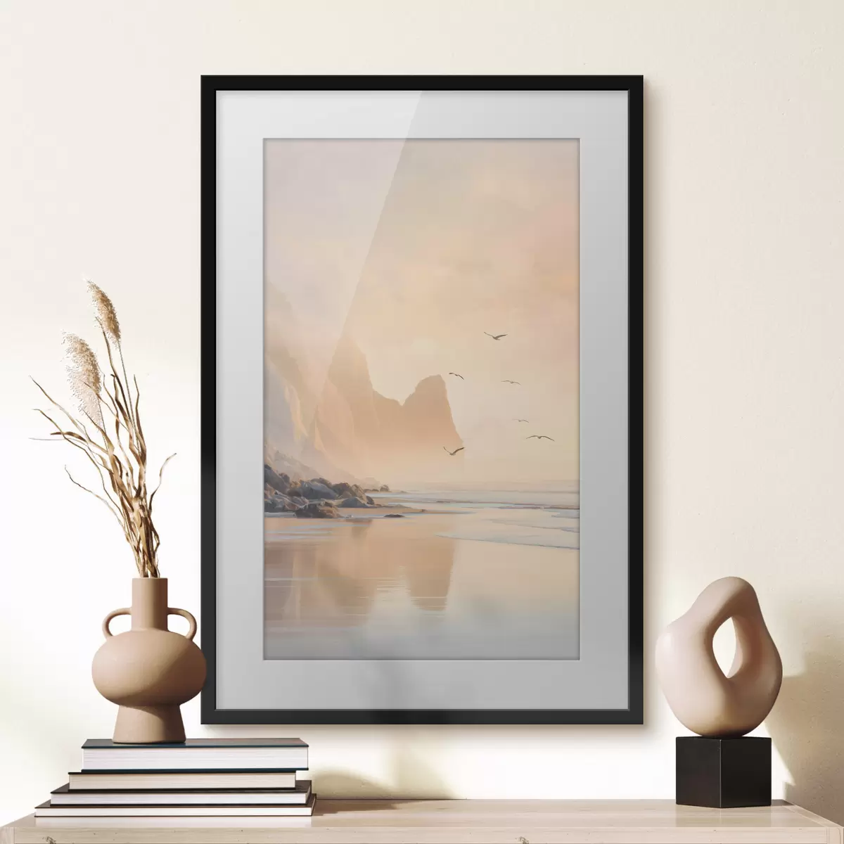 Poster alba sull'oceano sullo sfondo delle montagne f47689