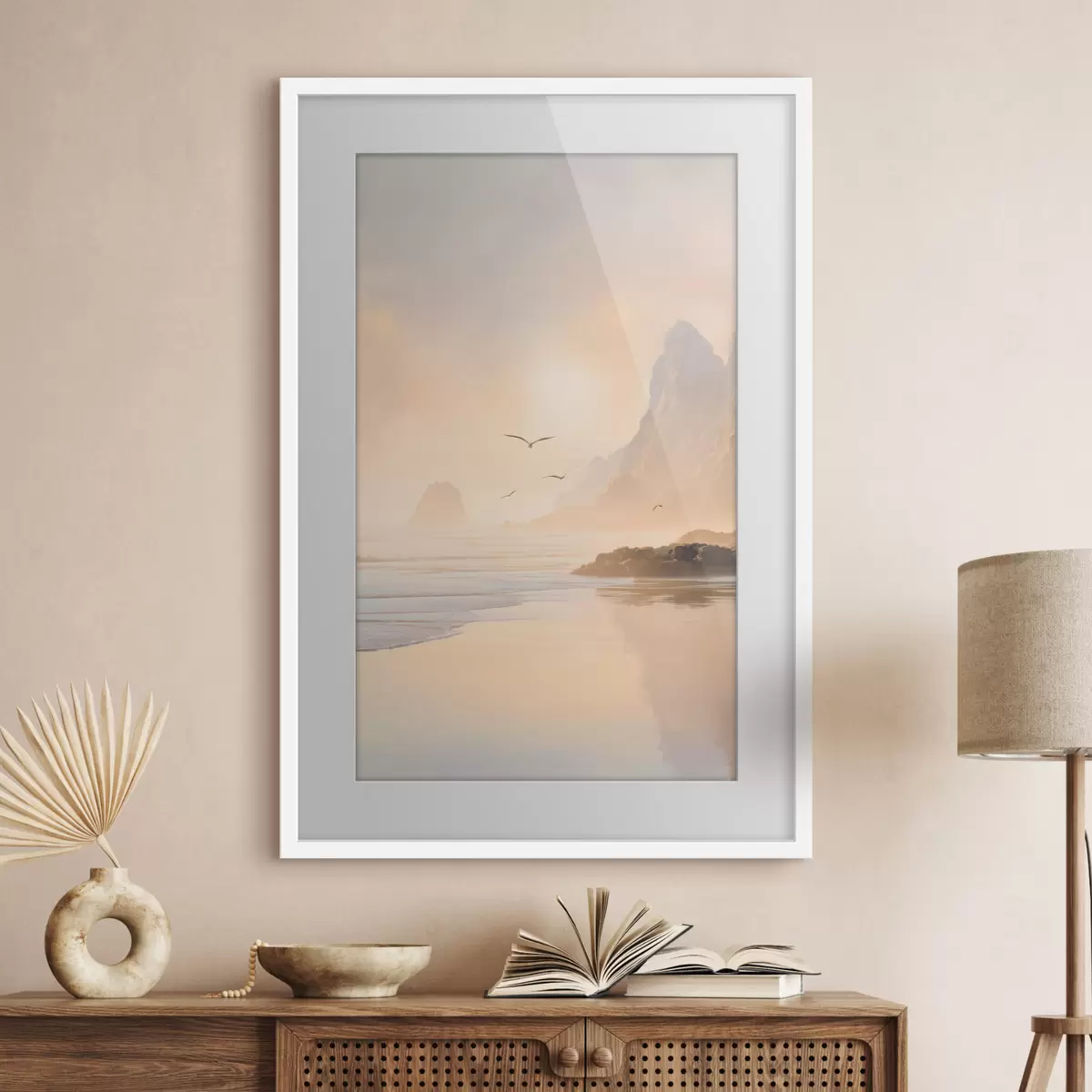 Poster alba sull'oceano sullo sfondo delle montagne f47690