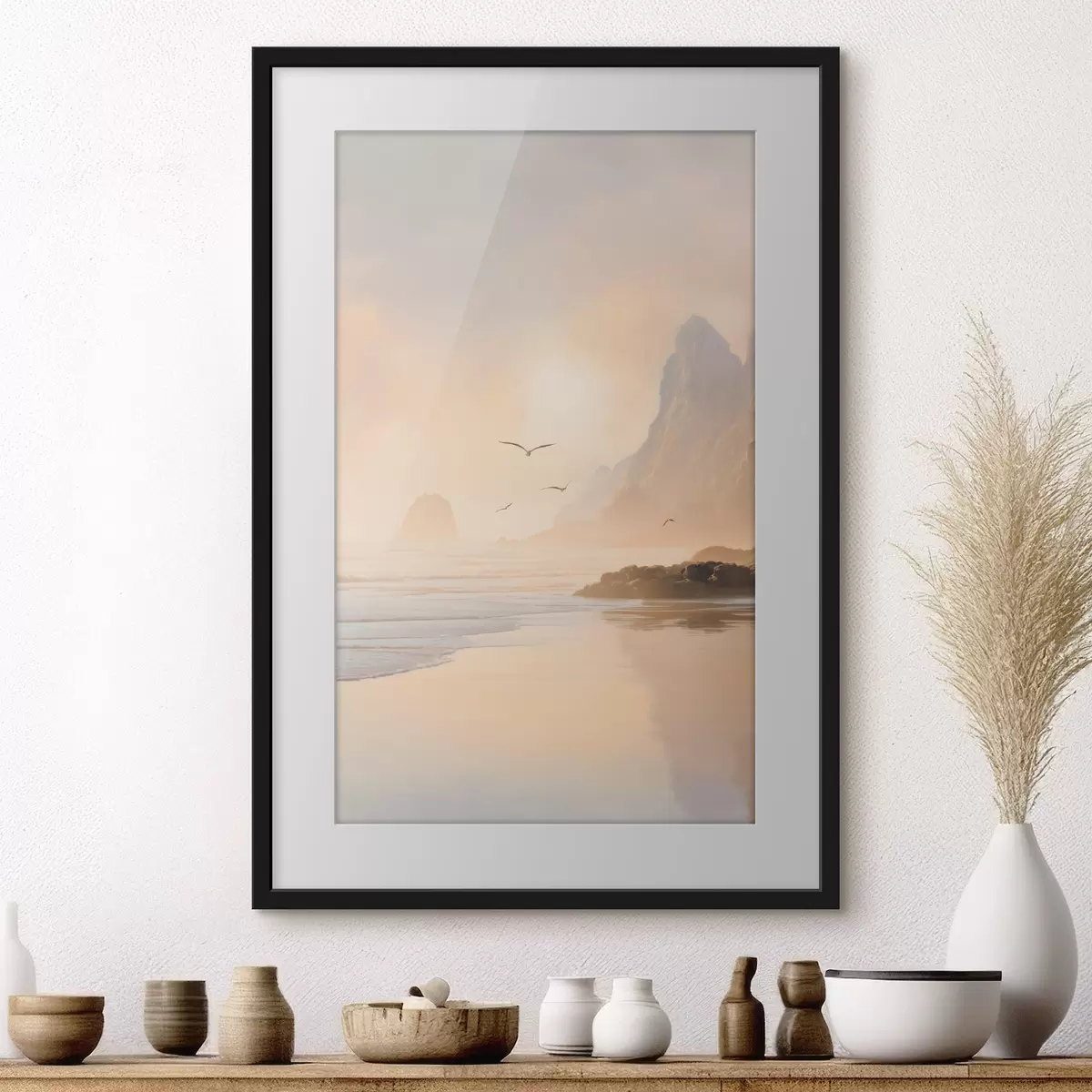 Poster alba sull'oceano sullo sfondo delle montagne f47690
