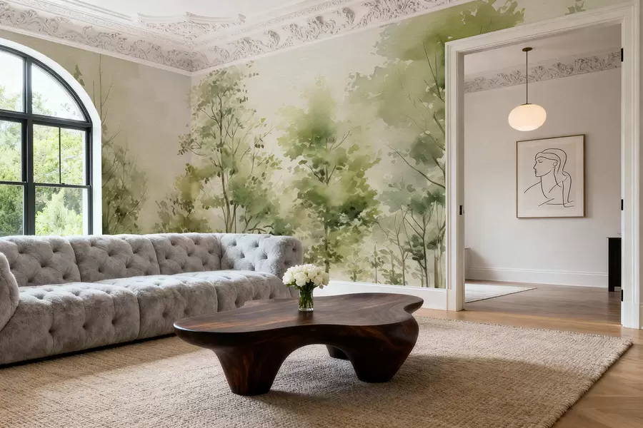 Carta da parati nature Foresta decidua acquerellata 