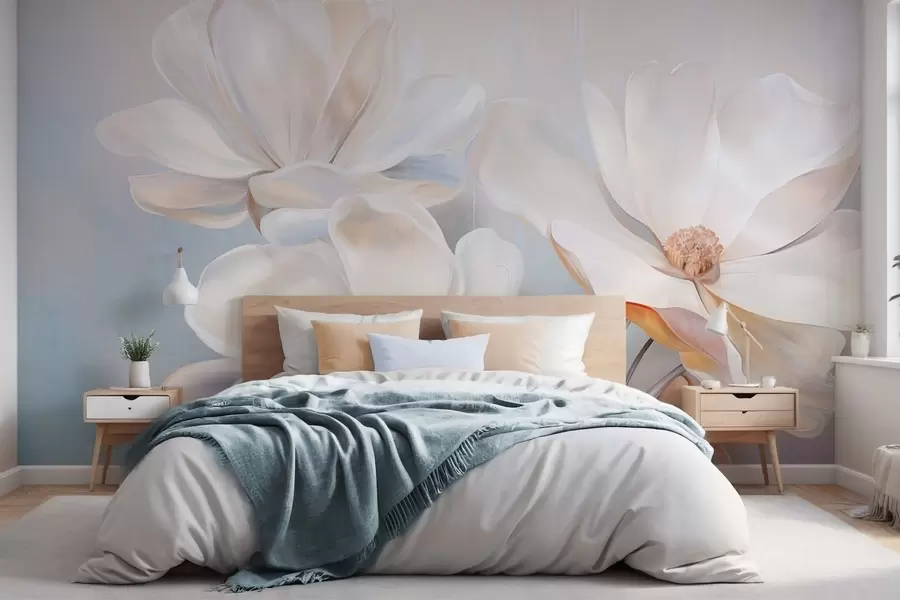 Carta da parati Floreale Fiori di magnolia bianchi fantasia con petali dalla texture delicata, su uno sfondo morbido e astratto n. w09373