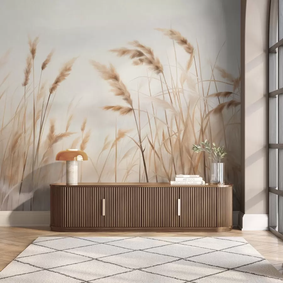 Carta da parati nature Erba alta e secca con spighe di grano nel campo su uno sfondo morbido e chiaro 