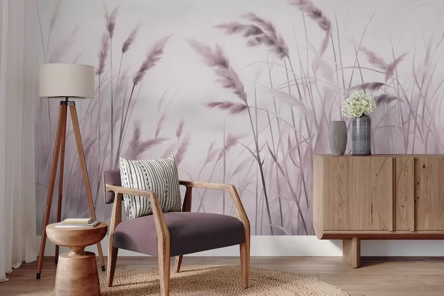 Carta da parati nature Erba alta e secca con spighe di grano nel campo su uno sfondo morbido e chiaro 